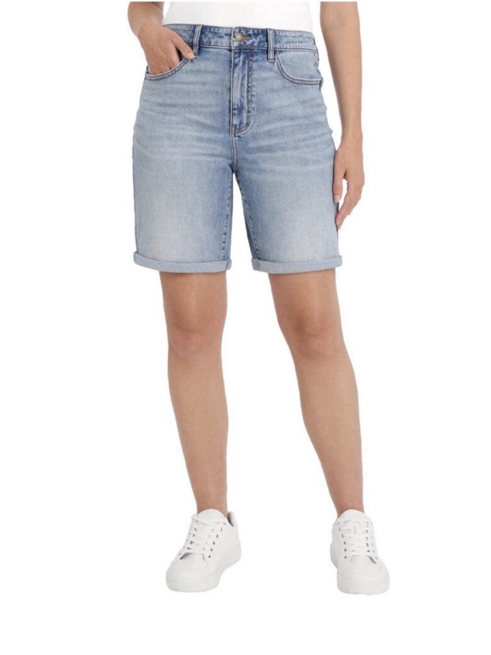 Wrangler high rise denim shorts light blue rolled hem 8 inches unrolled 10 inche